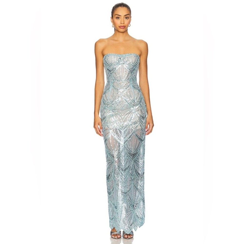 NEW Bronx Banco Strapless Sequin Gown, Giselle Maxi Dress in powder blue， S